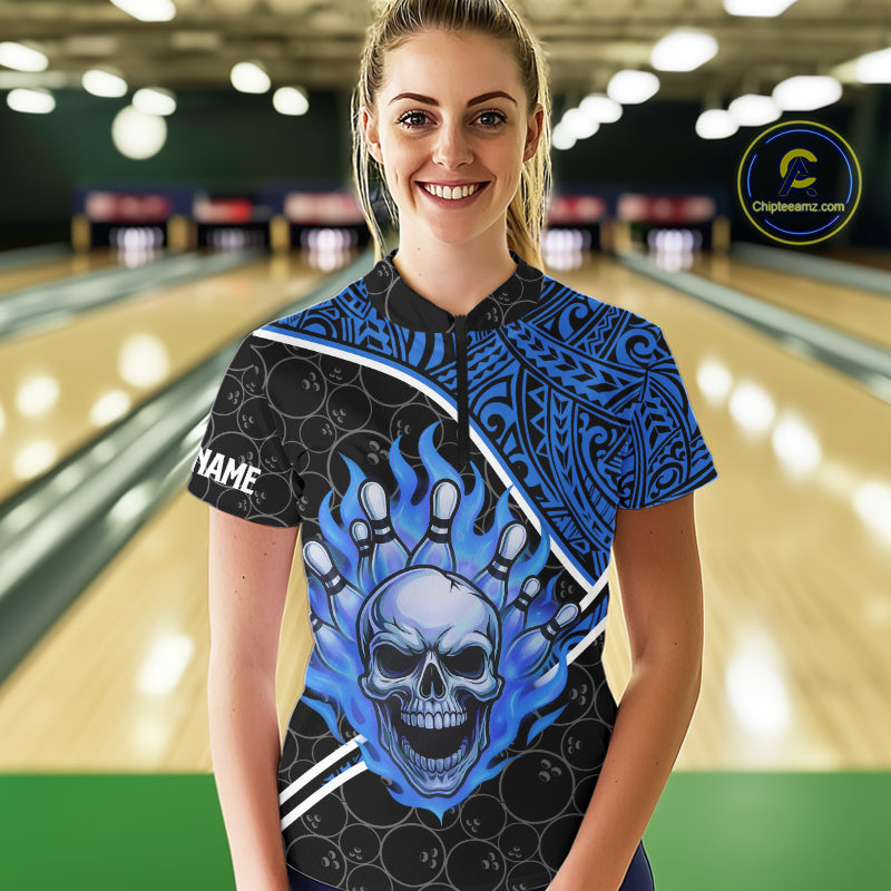 Black and Blue Flame Skull tribal pattern camo Bowling Shirts for Women Custom Bowling Team Jersey NQS10916