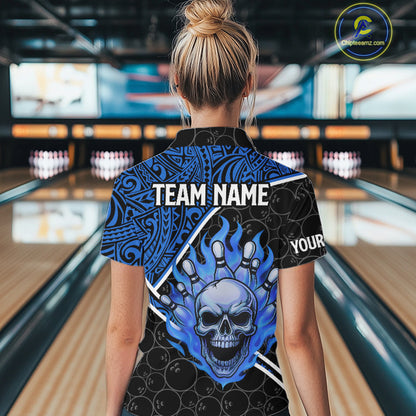 Black and Blue Flame Skull tribal pattern camo Bowling Shirts for Women Custom Bowling Team Jersey NQS10916
