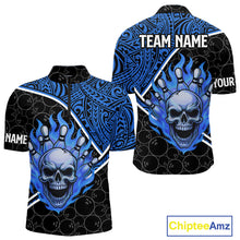 Load image into Gallery viewer, Black and Blue Flame Skull tribal pattern camo Bowling Shirts for Men Custom Bowling Team Jersey NQS10916