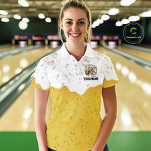 Load image into Gallery viewer, Custom White And Yellow Funny Beer Bowling Women Polo, Quarter Zip Shirts, Beer Glass Bowling Jersey NQS10918