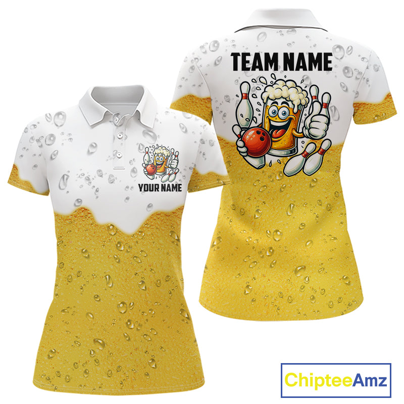 Custom White And Yellow Funny Beer Bowling Women Polo, Quarter Zip Shirts, Beer Glass Bowling Jersey NQS10918