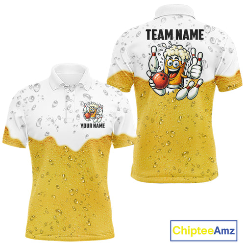 Custom White And Yellow Funny Beer Bowling Men Polo, Quarter Zip Shirts, Beer Glass Bowling Jersey NQS10918