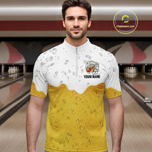 Load image into Gallery viewer, Custom White And Yellow Funny Beer Bowling Men Polo, Quarter Zip Shirts, Beer Glass Bowling Jersey NQS10918