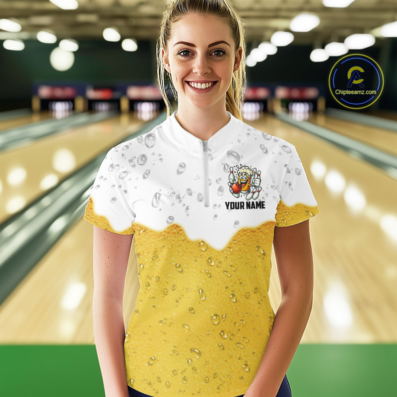 Custom White And Yellow Funny Beer Bowling Women Polo, Quarter Zip Shirts, Beer Glass Bowling Jersey NQS10918