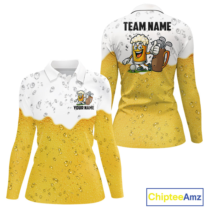Custom White And Yellow Funny Beer Golf Polo Shirts For Women, Funny Beer Glass Ladies Golf Outfit NQS10919