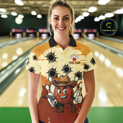 Funny Bowling Cowboy gun Women bowling polo, Quarter zip shirts Custom bowling team outfit jersey NQS10920