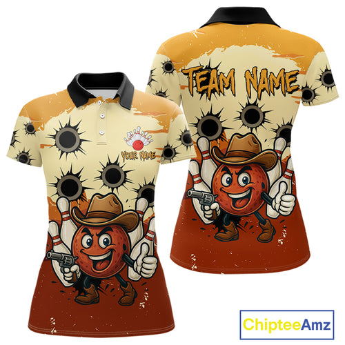 Funny Bowling Cowboy gun Women bowling polo, Quarter zip shirts Custom bowling team outfit jersey NQS10920