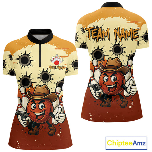 Funny Bowling Cowboy gun Women bowling polo, Quarter zip shirts Custom bowling team outfit jersey NQS10920