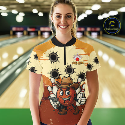 Funny Bowling Cowboy gun Women bowling polo, Quarter zip shirts Custom bowling team outfit jersey NQS10920