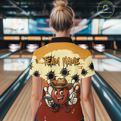 Funny Bowling Cowboy gun Women bowling polo, Quarter zip shirts Custom bowling team outfit jersey NQS10920