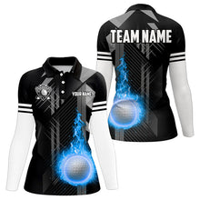 Load image into Gallery viewer, Black and White Blue Flame Golf Ball Women Golf Polo Shirts custom team name ladies golf apparel NQS9233