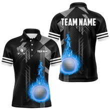 Load image into Gallery viewer, Black and White Blue Flame Golf Ball Mens Golf Polo Shirt custom team mens golf apparel, golfing gifts NQS9233