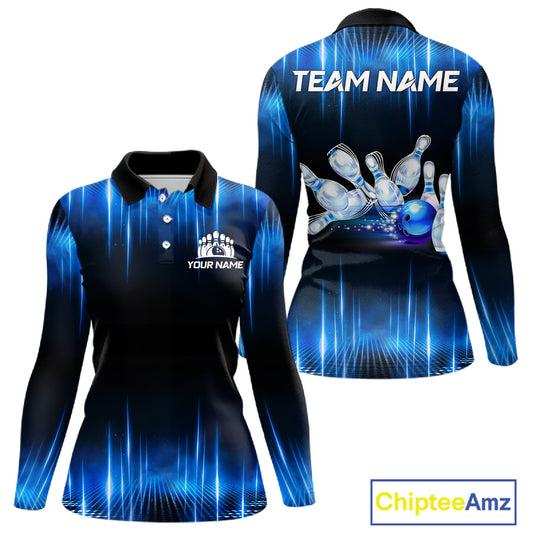 Black and Blue Bowling polo, Quarter zip Shirts for Women Custom Bowling Team jersey, Gift For Bowler NQS11299