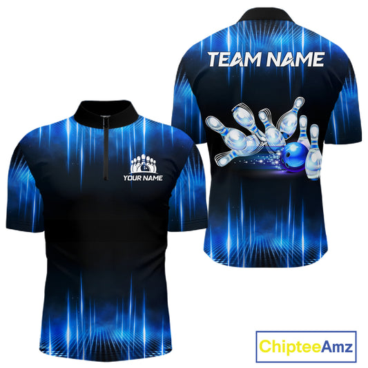 Black and Blue Bowling polo, Quarter zip Shirts for Men Custom Bowling Team jerseys, Gift For Bowler NQS11299