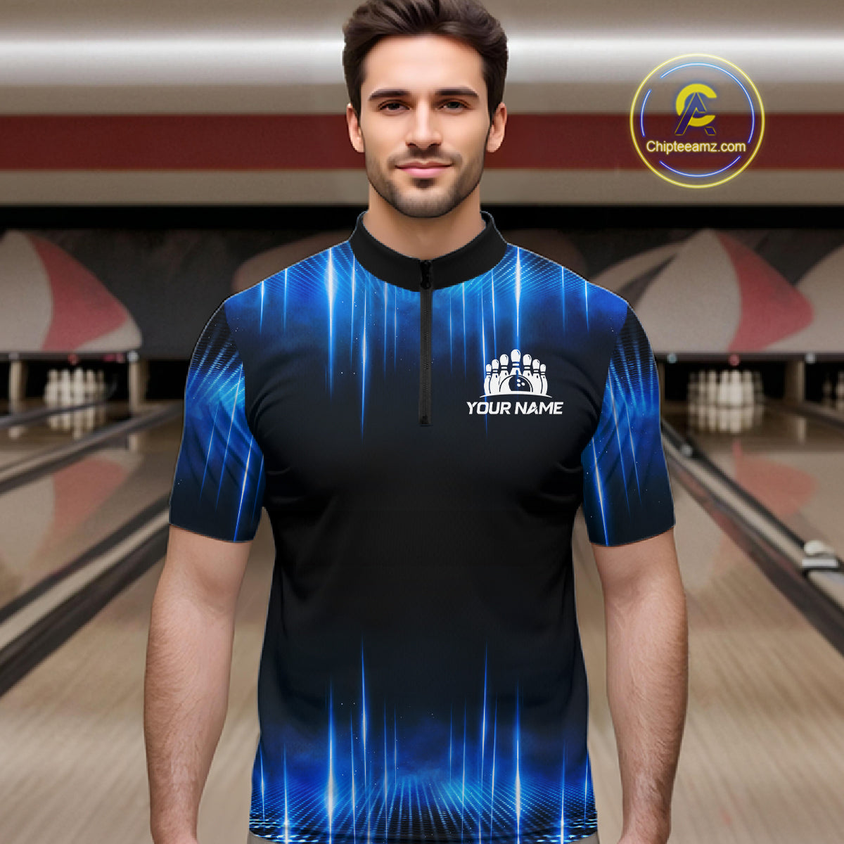 Black and Blue Bowling polo, Quarter zip Shirts for Men Custom Bowling Team jerseys, Gift For Bowler NQS11299