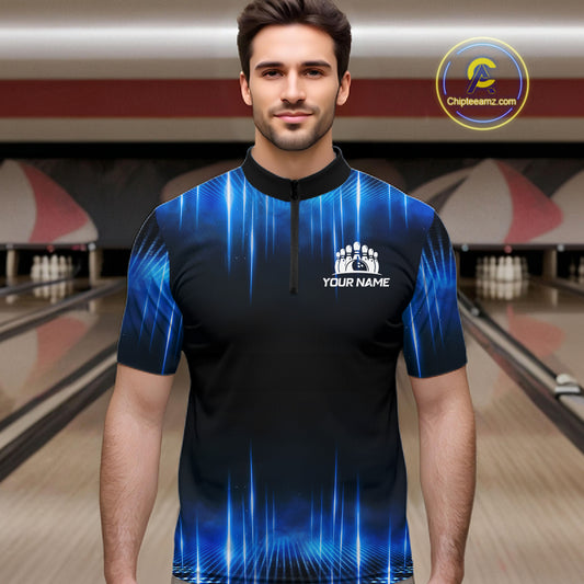 Black and Blue Bowling polo, Quarter zip Shirts for Men Custom Bowling Team jerseys, Gift For Bowler NQS11299