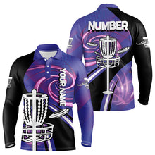 Load image into Gallery viewer, Black and Purple Mens Disc golf polo shirts custom name and number team disc golf jerseys NQS9586