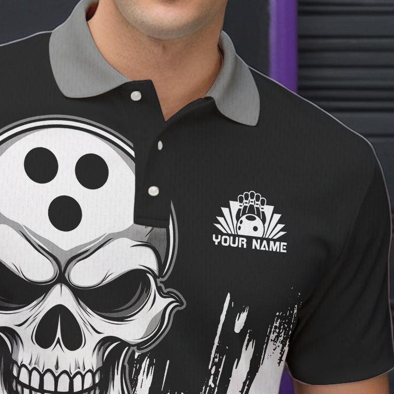 Black and White Skull Bowling Polo, Quarter Zip Shirts For Men Custom Bowling Team Jerseys | Red NQS9587