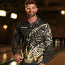 Load image into Gallery viewer, Black and Gold Dragon Tribal Bowling Polo, 1/4 Zip Shirts For Men Custom Retro Bowling Team Jerseys NQS9591