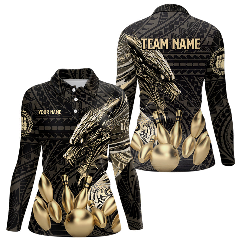 Black and Gold Dragon Tribal Bowling Polo, 1/4 Zip Shirts For Women Custom Retro Bowling Team Jerseys NQS9591