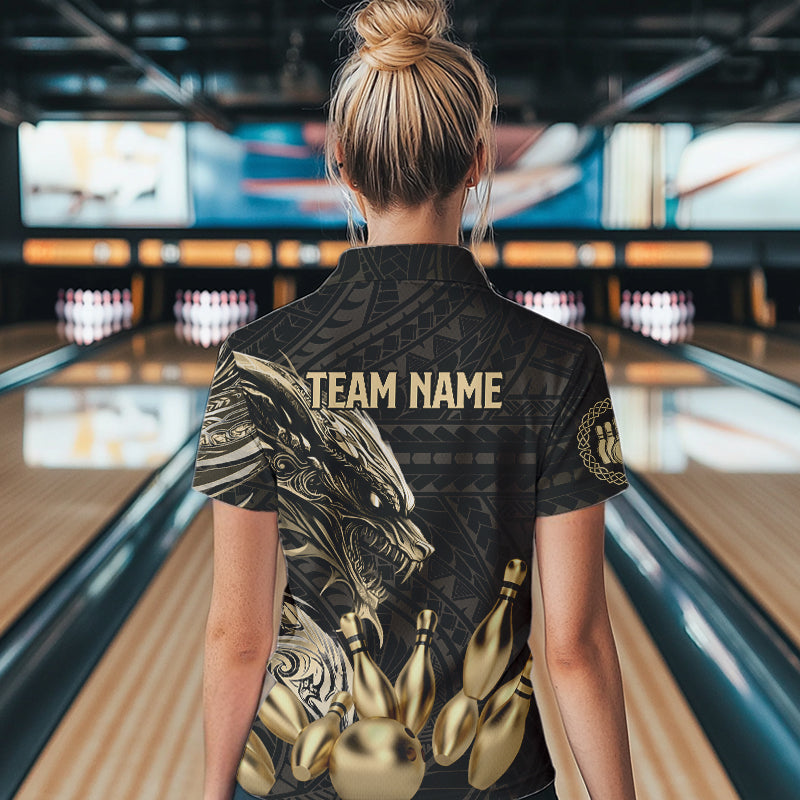 Black and Gold Dragon Tribal Bowling Polo, 1/4 Zip Shirts For Women Custom Retro Bowling Team Jerseys NQS9591
