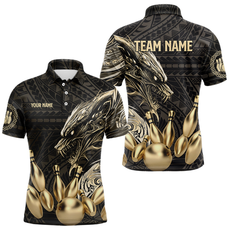 Black and Gold Dragon Tribal Bowling Polo, 1/4 Zip Shirts For Men Custom Retro Bowling Team Jerseys NQS9591