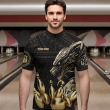 Load image into Gallery viewer, Black and Gold Dragon Tribal Bowling Polo, 1/4 Zip Shirts For Men Custom Retro Bowling Team Jerseys NQS9591