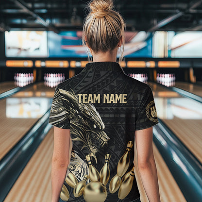 Black and Gold Dragon Tribal Bowling Polo, 1/4 Zip Shirts For Women Custom Retro Bowling Team Jerseys NQS9591