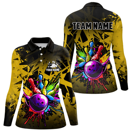 Colorful bowling jersey Polo, 1/4 Zip Shirt for Women Custom Bowling Team shirts for bowler| Yellow NQS9728