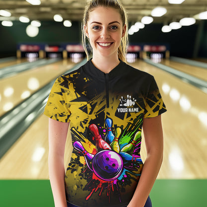 Colorful bowling jersey Polo, 1/4 Zip Shirt for Women Custom Bowling Team shirts for bowler| Yellow NQS9728