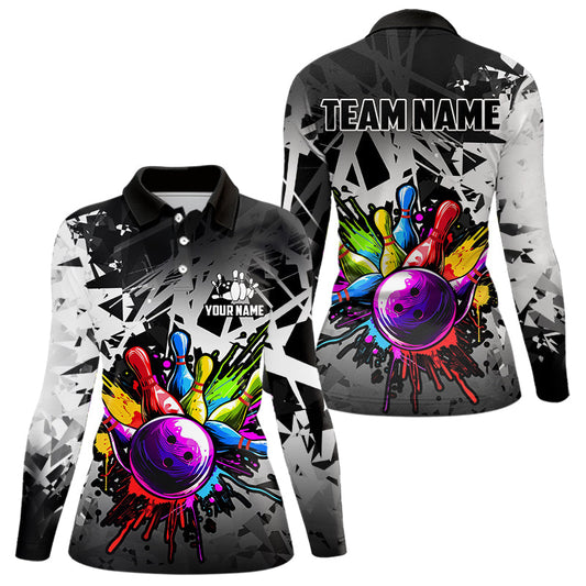 Colorful bowling jersey Polo, 1/4 Zip Shirt for Women Custom Bowling Team shirts for bowler| White NQS9729