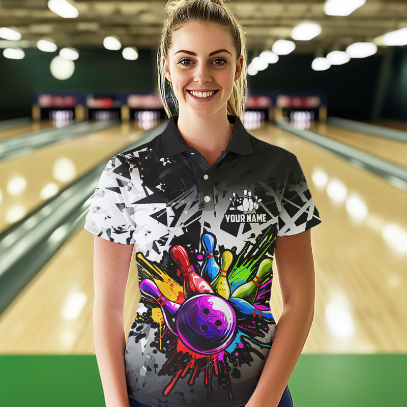 Colorful bowling jersey Polo, 1/4 Zip Shirt for Women Custom Bowling Team shirts for bowler| White NQS9729