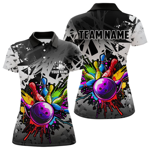 Colorful bowling jersey Polo, 1/4 Zip Shirt for Women Custom Bowling Team shirts for bowler| White NQS9729