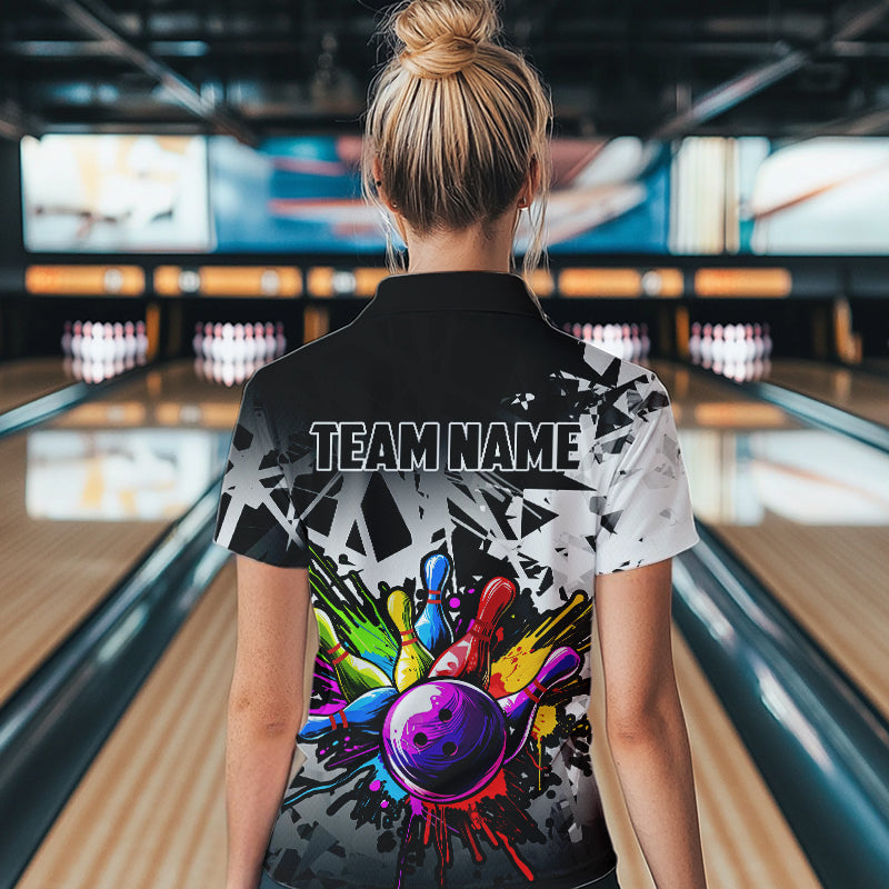 Colorful bowling jersey Polo, 1/4 Zip Shirt for Women Custom Bowling Team shirts for bowler| White NQS9729