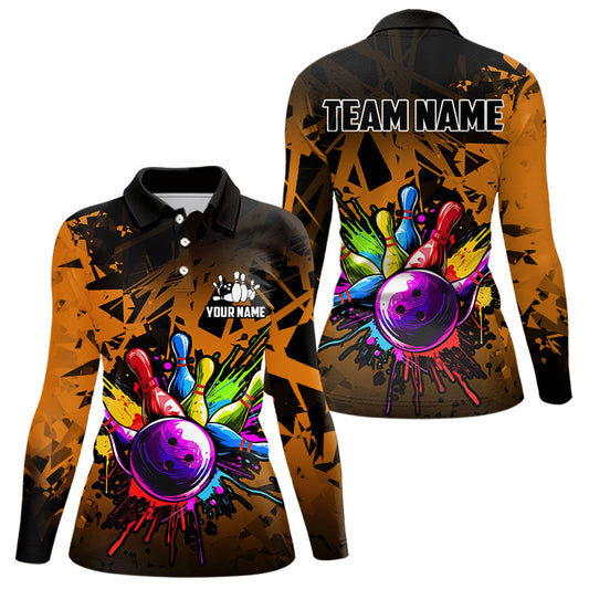 Colorful bowling jersey Polo, 1/4 Zip Shirt for Women Custom Bowling Team shirts for bowler| Orange NQS9730