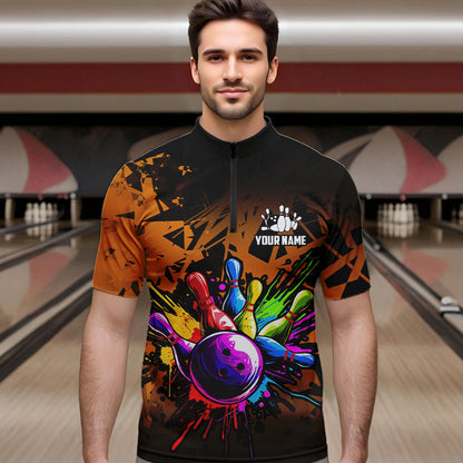 Colorful bowling jerseys Polo, 1/4 Zip Shirt for Men Custom Bowling Team shirts for bowler | Orange NQS9730
