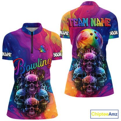 Colorful Rainbow Flame Skull Bowling Polo, Quarter Zip Shirts for Women Custom Bowling Team Jerseys NQS9731