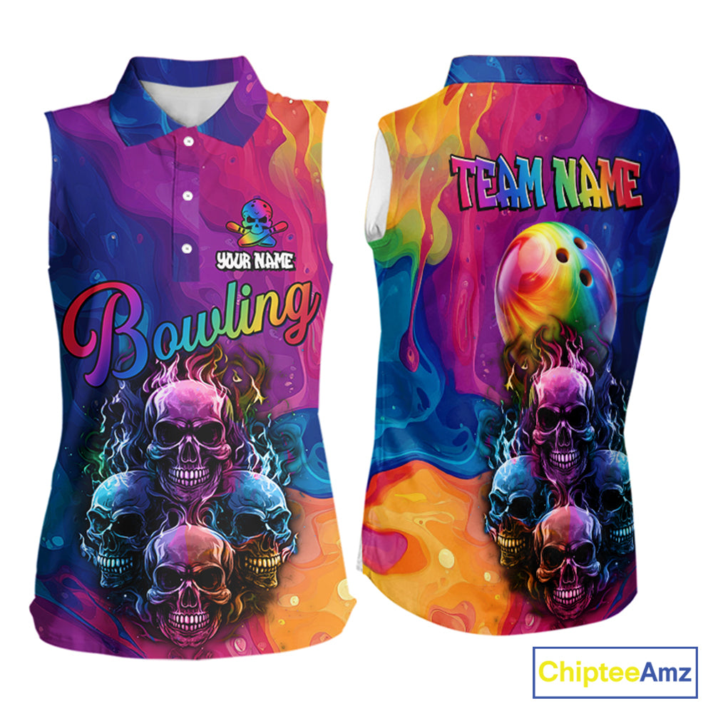 Colorful Rainbow Flame Skull Bowling Sleeveless Polo Shirt Custom Bowling Team Jerseys NQS9731