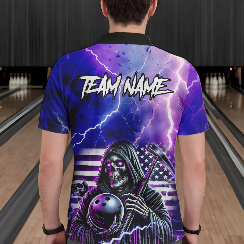 Purple American Flag Lightning Thunder Storm Reaper Bowling Shirt For Men Custom Bowling Team Jersey NQS9732