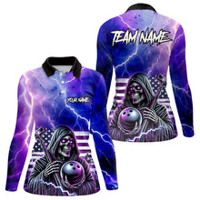 Load image into Gallery viewer, Purple American Flag Lightning Thunder Storm Reaper Bowling Shirt For Women Custom Bowling Team Jersey NQS9732