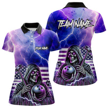 Load image into Gallery viewer, Purple American Flag Lightning Thunder Storm Reaper Bowling Shirt For Women Custom Bowling Team Jersey NQS9732
