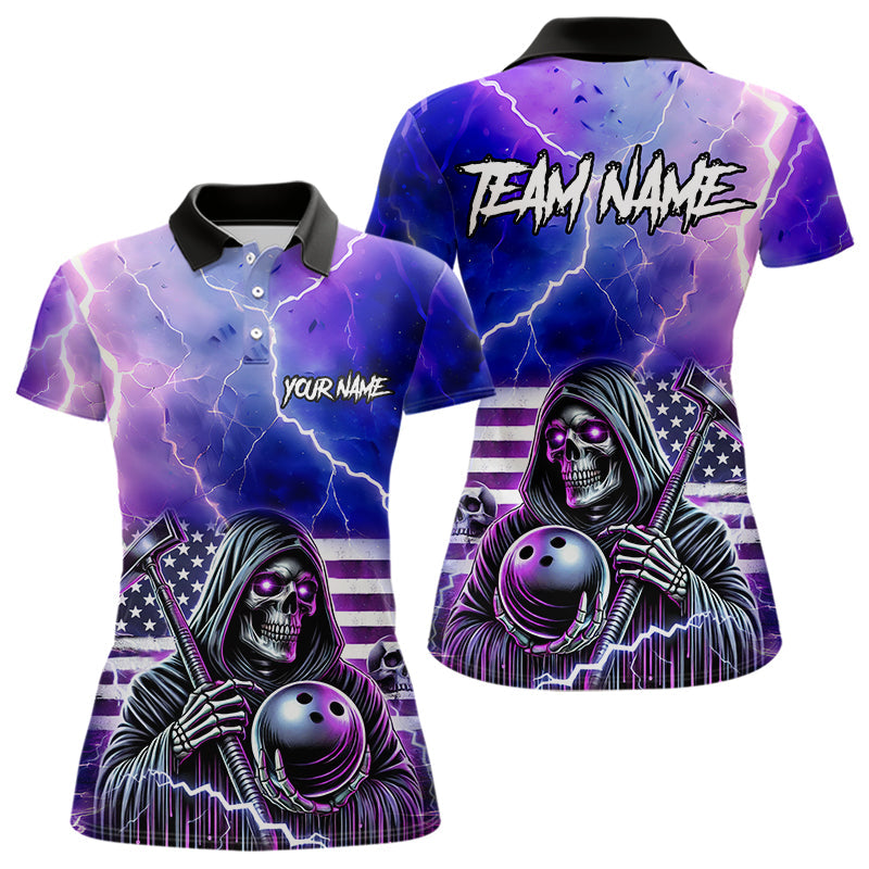 Purple American Flag Lightning Thunder Storm Reaper Bowling Shirt For Women Custom Bowling Team Jersey NQS9732