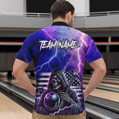 Purple American Flag Lightning Thunder Storm Reaper Bowling Shirt For Men Custom Bowling Team Jersey NQS9732