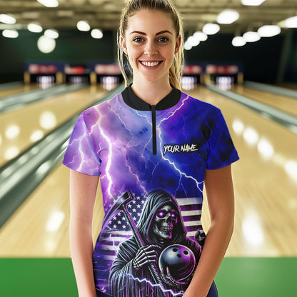 Purple American Flag Lightning Thunder Storm Reaper Bowling Shirt For Women Custom Bowling Team Jersey NQS9732