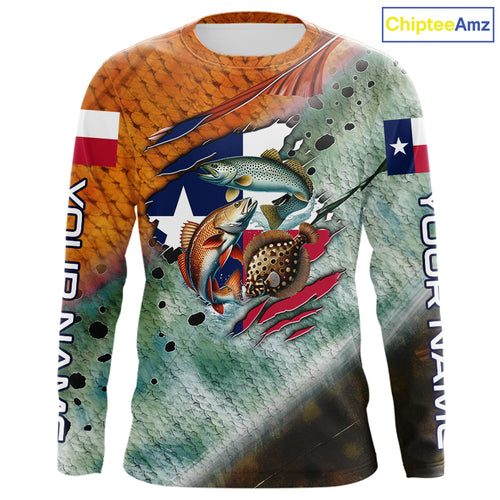 Texas slam redfish trout flounder scales Texas flag Custom patriotic fishing long sleeve shirts NQS10163