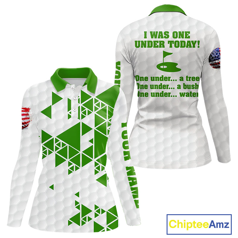 Funny Women golf polo shirts green and white custom I was one under today, under a tree, bush, water NQS10165