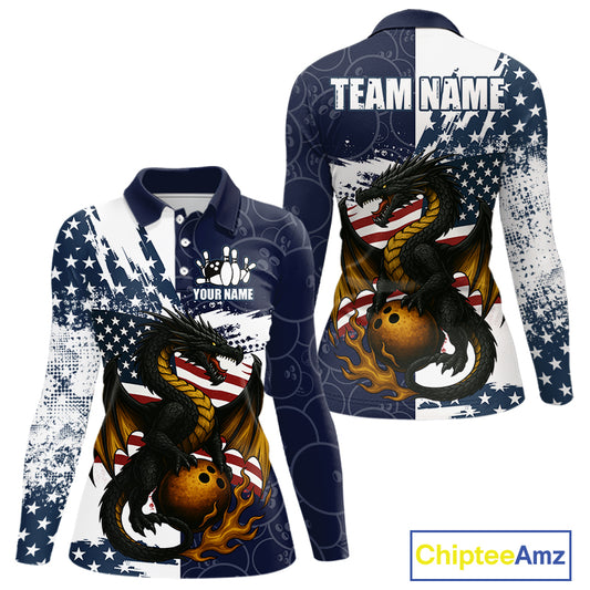 Red, White and Blue American Flag Dragon Bowling Shirt For Women Custom Patriotic Bowling Team Jersey NQS10294