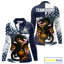 Load image into Gallery viewer, Red, White and Blue American Flag Dragon Bowling Shirt For Women Custom Patriotic Bowling Team Jersey NQS10294