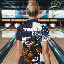 Load image into Gallery viewer, Red, White and Blue American Flag Dragon Bowling Shirt For Women Custom Patriotic Bowling Team Jersey NQS10294