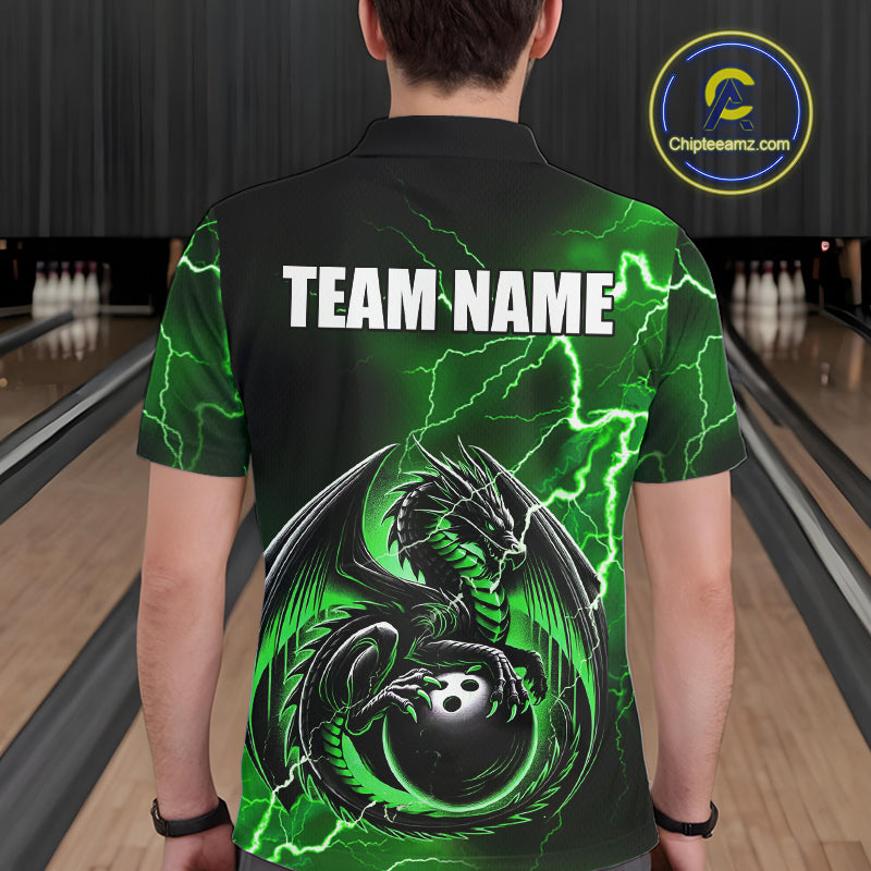 Personalized Black And Green Thunder Lightning Dragon Bowling Shirts For Men, Bowling Team Uniform NQS10296